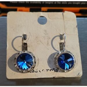 Swarovski‎ Elements Blue Crystal Halo Leverback Earrings Silver Tone Made in USA